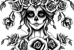 Powerful and beautiful day of the dead female,  surrounded by unclaimed souls and roses tattoo idea
