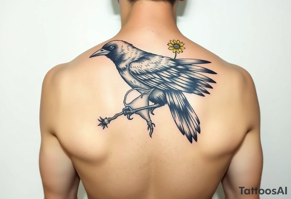 Crow with yellow flower crown, carrying a wand and uterus ripped out in its claws tattoo idea