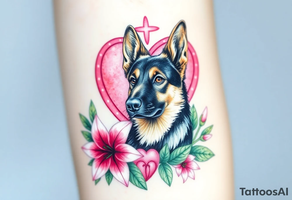 strong short haired german shepherd with alert ears surrounded by pink lilies with large leaves in front of a sacred heart tattoo idea
