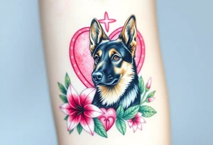 strong short haired german shepherd with alert ears surrounded by pink lilies with large leaves in front of a sacred heart tattoo idea