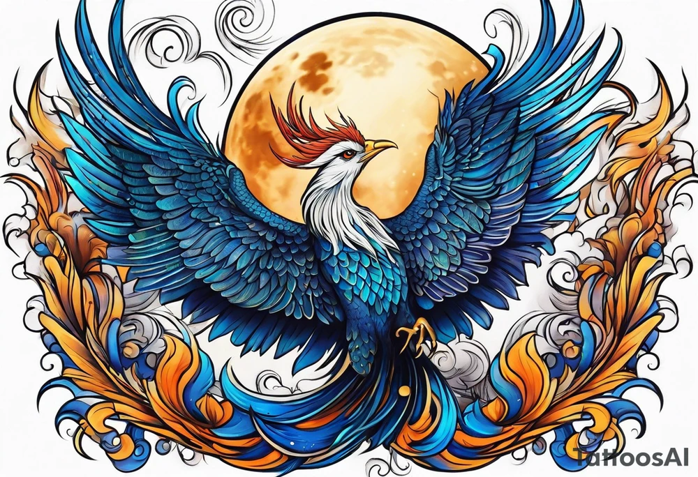 phoenix sur une lune bleu tattoo idea