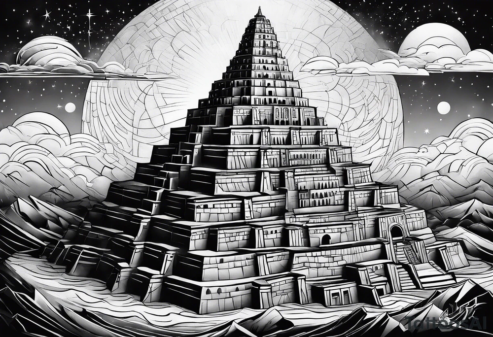 ultra minimalist tattoo of the Babel tower with a cosmic background tattoo idea