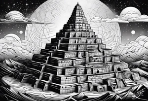 ultra minimalist tattoo of the Babel tower with a cosmic background tattoo idea