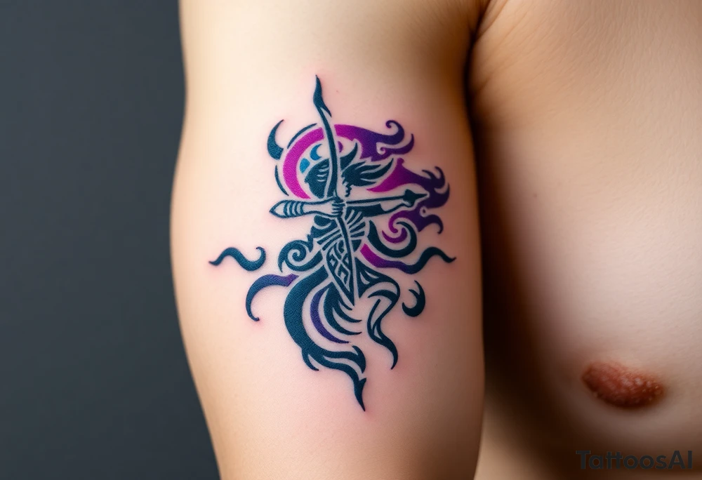 A Sagittarius figure engulfed in swirling cosmic energy, blending neon blue, purple, and magenta tones tattoo idea