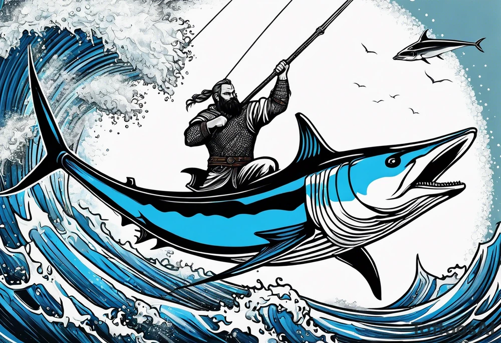 viking superhero catching a blue marlin with tuna jumping tattoo idea