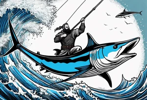 viking superhero catching a blue marlin with tuna jumping tattoo idea