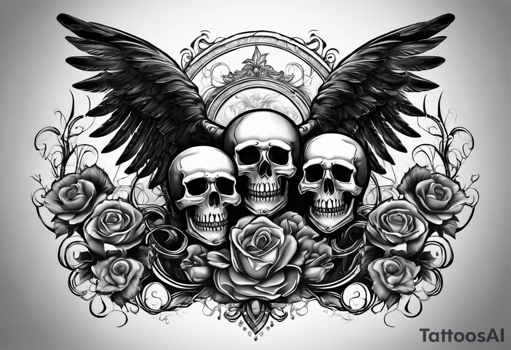 See no evil hear no evil speak no evil skulls go down the back with angel wings wrapped around the skulls tattoo idea