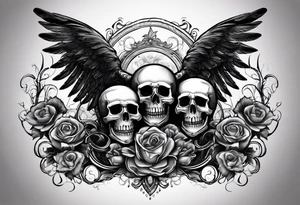 See no evil hear no evil speak no evil  skulls go down the back with angel wings wrapped around the skulls tattoo idea