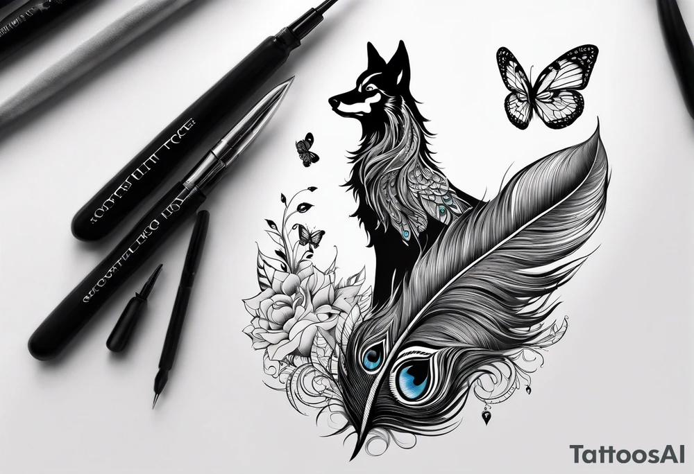 Peacock feather and wolf puppy with butterfly tattoo idea
