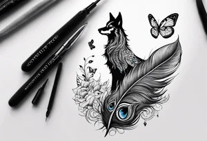 Peacock feather and wolf puppy with butterfly tattoo idea