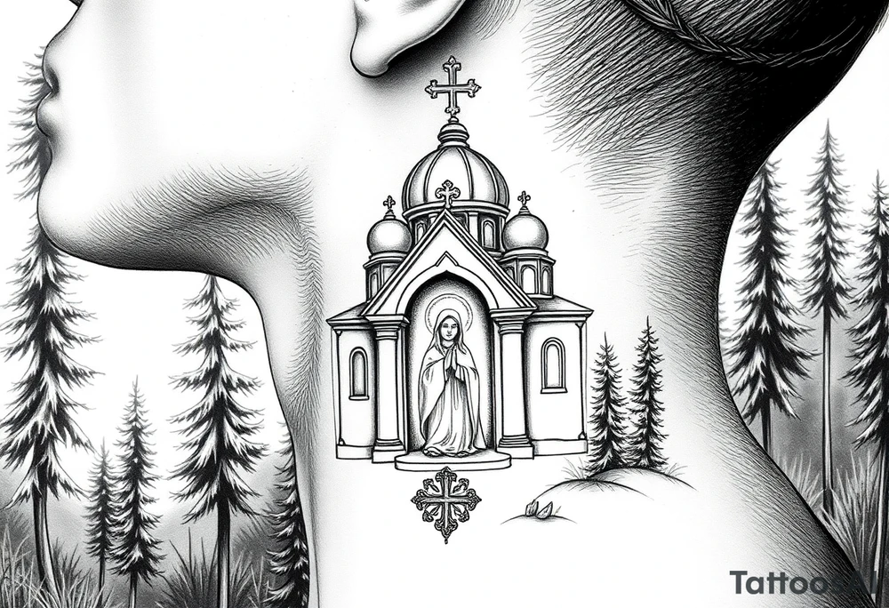 russian coat arms traditional christian orthodox cross with a virgin mary stood in the entrance of a russian orthodox dome church on the side of the neck in a wilderness setting tattoo idea