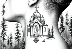russian coat arms traditional christian orthodox cross with a virgin mary stood in the entrance of a russian orthodox dome church on the side of the neck in a wilderness setting tattoo idea
