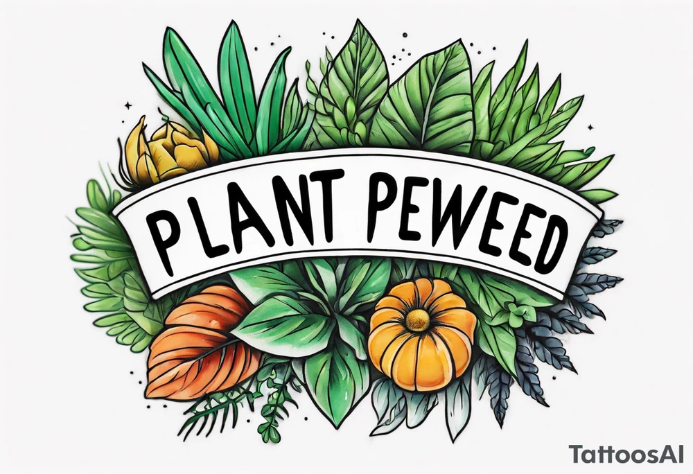 Arm band tattoo spelling ‘Plant Powered’ with plants tattoo idea