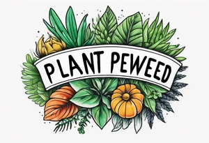 Arm band tattoo spelling ‘Plant Powered’ with plants tattoo idea