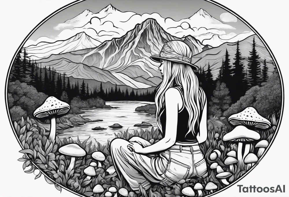 Whole picture encircled fully

Straight long blonde hair hippie girl in distance holding mushrooms in hand facing away toward mountains and creek surrounded by mushrooms tee shirt and hiking pants; whole rendering within a full circle, no cut off circle tattoo idea