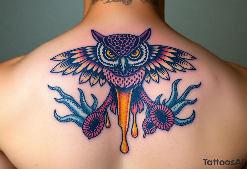Honey comb, owl dripping honey over sea creatures tattoo idea