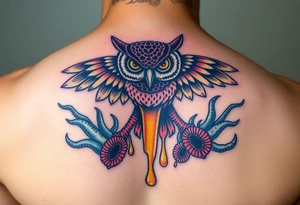 Honey comb, owl dripping honey over sea creatures tattoo idea