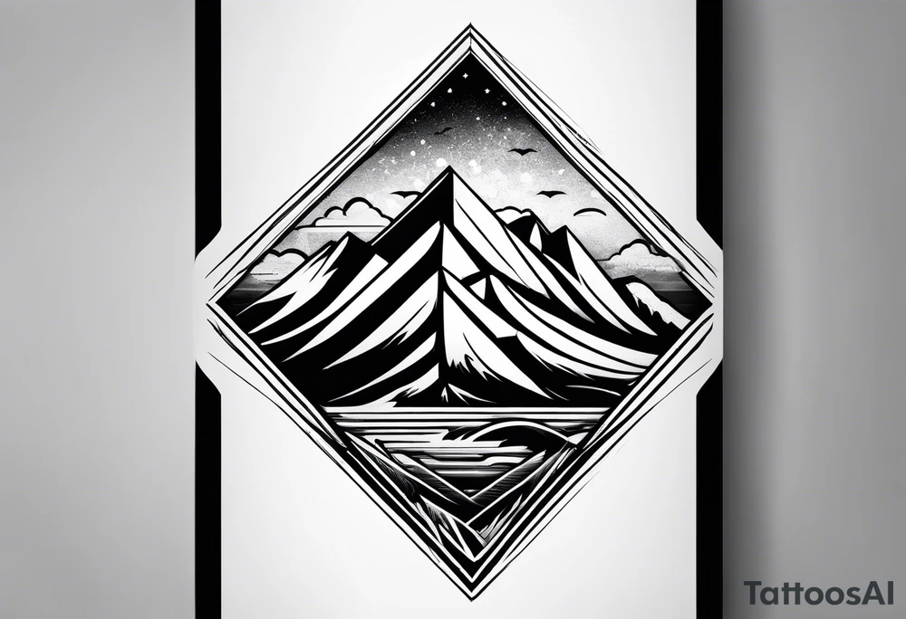 Mountains and ocean waves diamond shape tattoo idea
