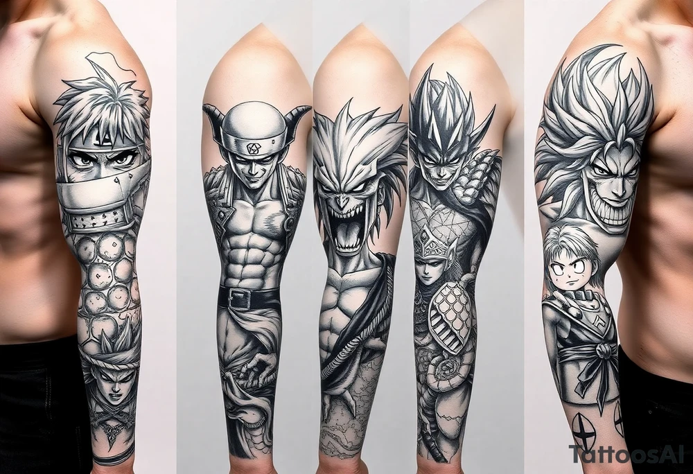 Battle royal anime sleeve with several characters from different Manga like naruto, hunter x hunter, solo leveling, demon slayer, dragon ball super, full metal alchemist, tattoo idea