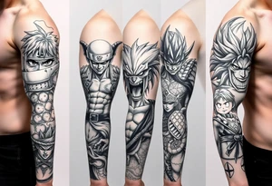 Battle royal anime sleeve with several characters from different Manga like naruto, hunter x hunter, solo leveling, demon slayer, dragon ball super, full metal alchemist, tattoo idea