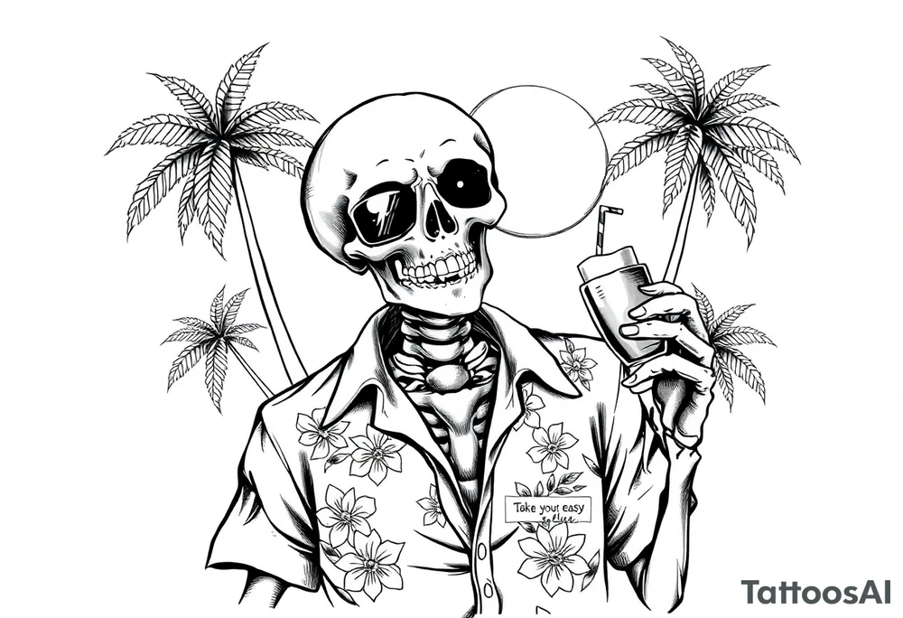 a skeleton in hawaiian shirt, palms, a cocktail,sun,sun-glasses,"Take it easy and relax"! tattoo idea