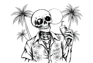 a skeleton in hawaiian shirt, palms, a cocktail,sun,sun-glasses,"Take it easy and relax"! tattoo idea