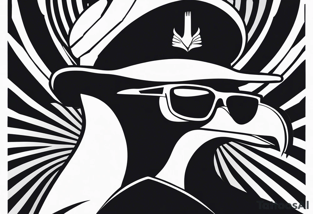 Black and white silhouette illustration of a seagull (albatross) with a human body, wearing sunglasses and a hat. The bird’s wings and head are shown in dynamic, stylized shapes, while its human body is positioned confidently, holding a camera. The design is playful and minimalistic, with clean lines defining the figure and accessories. The background features abstract, simplified shapes of a serene beach and a clear sky, creating a sense of relaxation and adventure. The silhouette emphasizes the whimsical character of the scene, with strong contrasts to highlight the unique design. tattoo idea