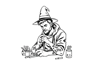 Young guy is exploring witch supplies, tools, equipment tattoo idea