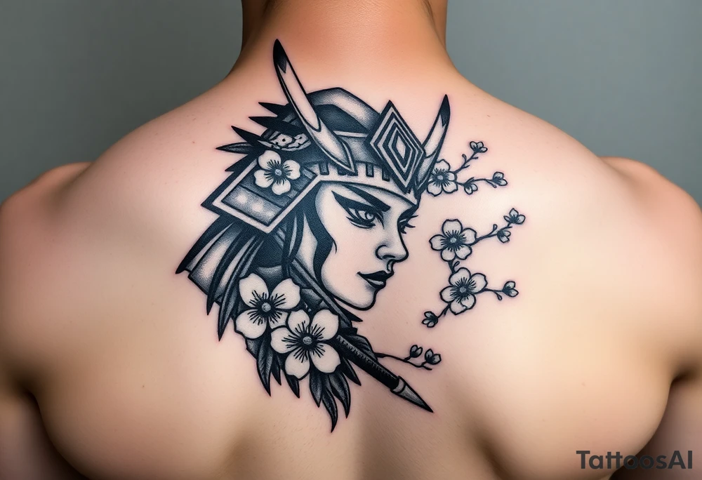 Samurai Asian face warrior
 with a fan across her face with cherry blossom with wind tattoo idea