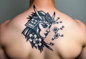 Samurai Asian face warrior
 with a fan across her face with cherry blossom with wind tattoo idea
