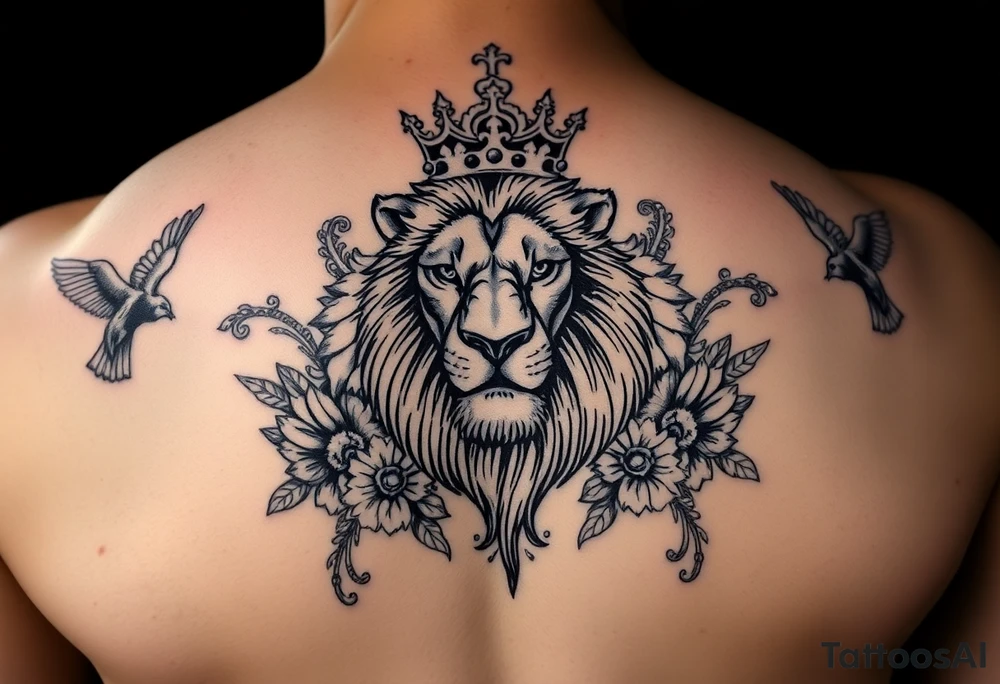 powerful majestic lion with a crown, surrounded by floral ornaments and birds tattoo idea