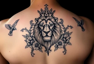 powerful majestic lion with a crown, surrounded by floral ornaments and birds tattoo idea