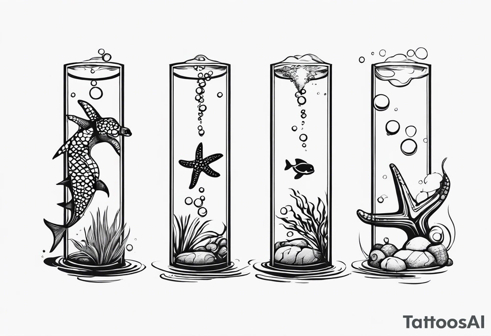 Small Starfish, Seahorse and turtle in a vertical line with bubbles tattoo idea