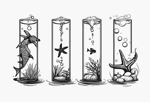 Small Starfish, Seahorse and turtle in a vertical line with bubbles tattoo idea