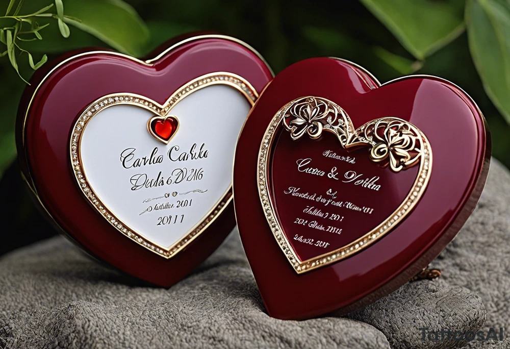 two hearts intertwined with the name Carla & Derrick above and the date 23.07.2011 below.  Inside one heart is Elias 08.03.2016 and inside the other 23.03.2021.  On the outside little embellishments with hearts, stars and dots tattoo idea