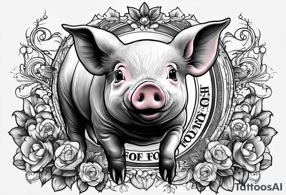 cute pig or piglet.
with text: "friends not food" tattoo idea cute pig or piglet.
with text: "friends not food" tattoo idea