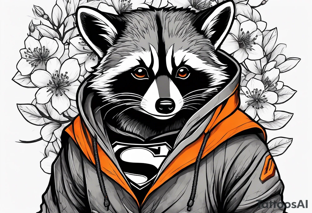 raccoon wearing a black and white Superman hoodie and orange Japanese cherry blossoms tattoo idea