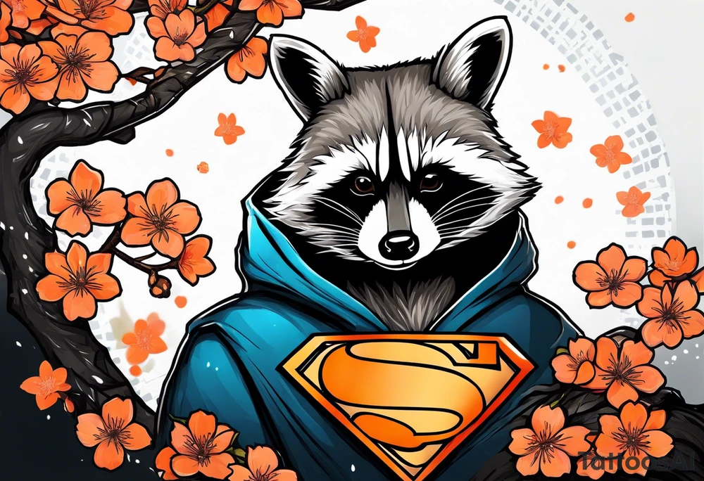 Raccoon wearing a white Superman logo on a black hoodie and orange Japanese cherry blossoms tattoo idea