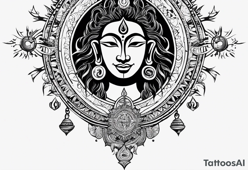 incorporating symbols of travel like a compass or a world map, alongside imagery that represents joy and happiness, such as a smiling sun or playful clouds? These elements can complement Lord Shiva in a dynamic and uplifting tattoo design, reflecting your adventurous spirit and positive outlook on life. tattoo idea