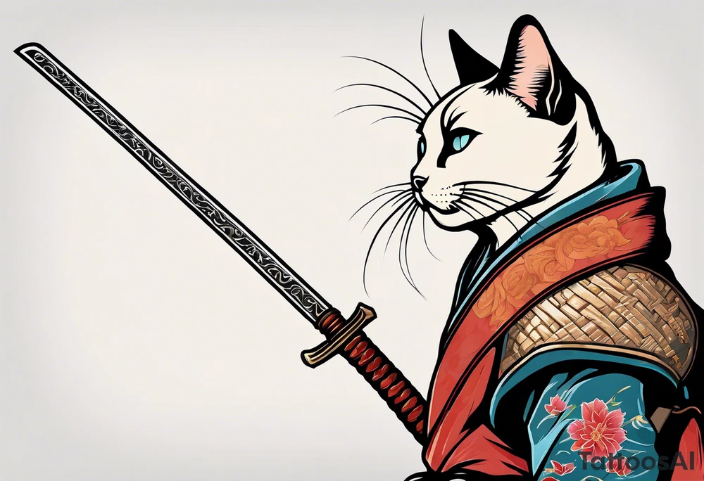 Siamese samurai cat holding a rusty katana tattoo idea