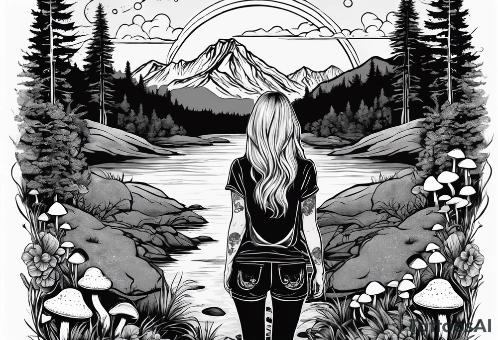 Whole picture encircled fully

Straight long blonde hair hippie girl in distance holding mushrooms in hand facing away toward mountains and creek surrounded by mushrooms long sleeve shirt and hiking pants; whole rendering within a full circle, no cut off circle tattoo idea