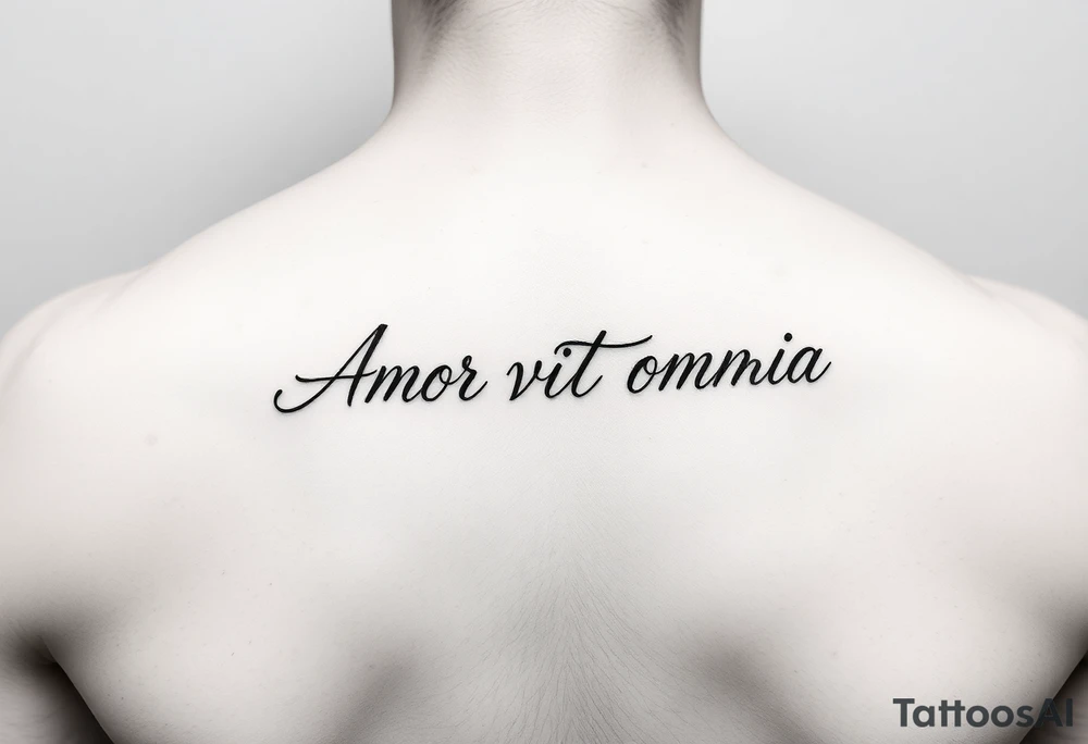 Amor vincit omnia in script down the middle of the spine tattoo idea