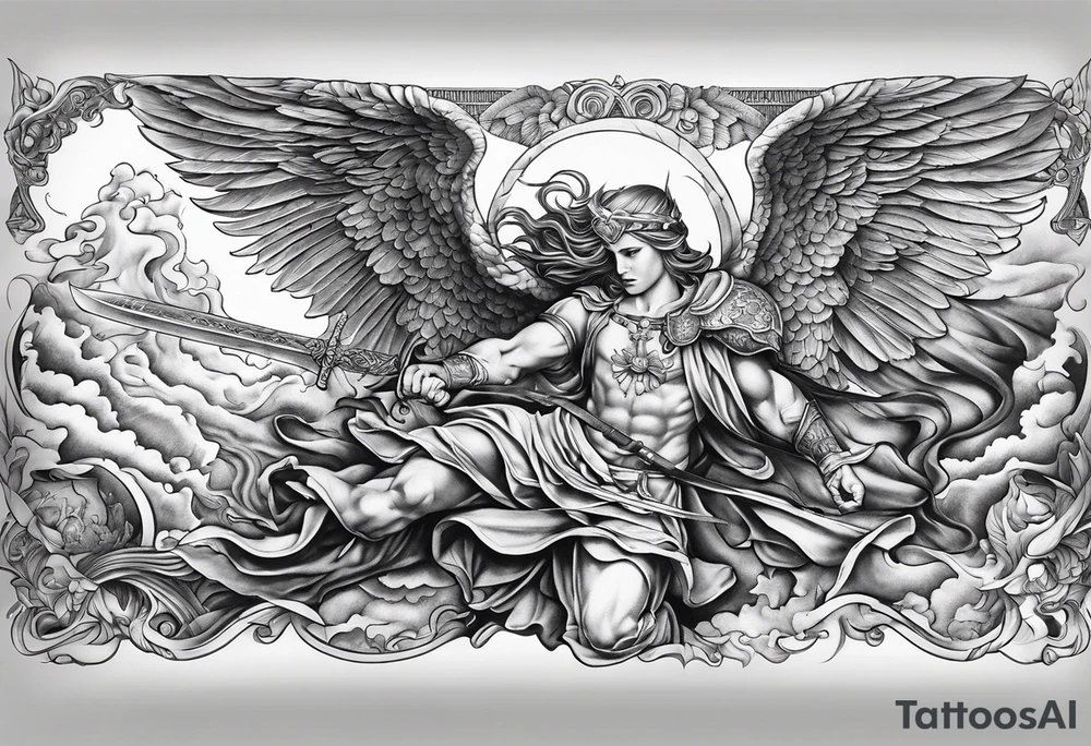 Arm sleeve of St Michael killing the devil tattoo idea