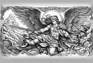 Arm sleeve of St Michael killing the devil tattoo idea