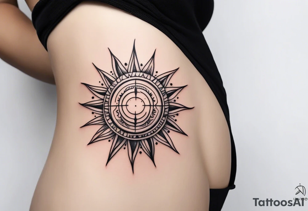 a mixture of minimalist/fine line/tribal tattoo design that is mainly minimalist with fine lines. unique Design of the sun that resembles a connection to the sun. It further resembles the sun's energy. Make it simple to draw and focus on the rays of sunshine
unique shape
simple design tattoo idea