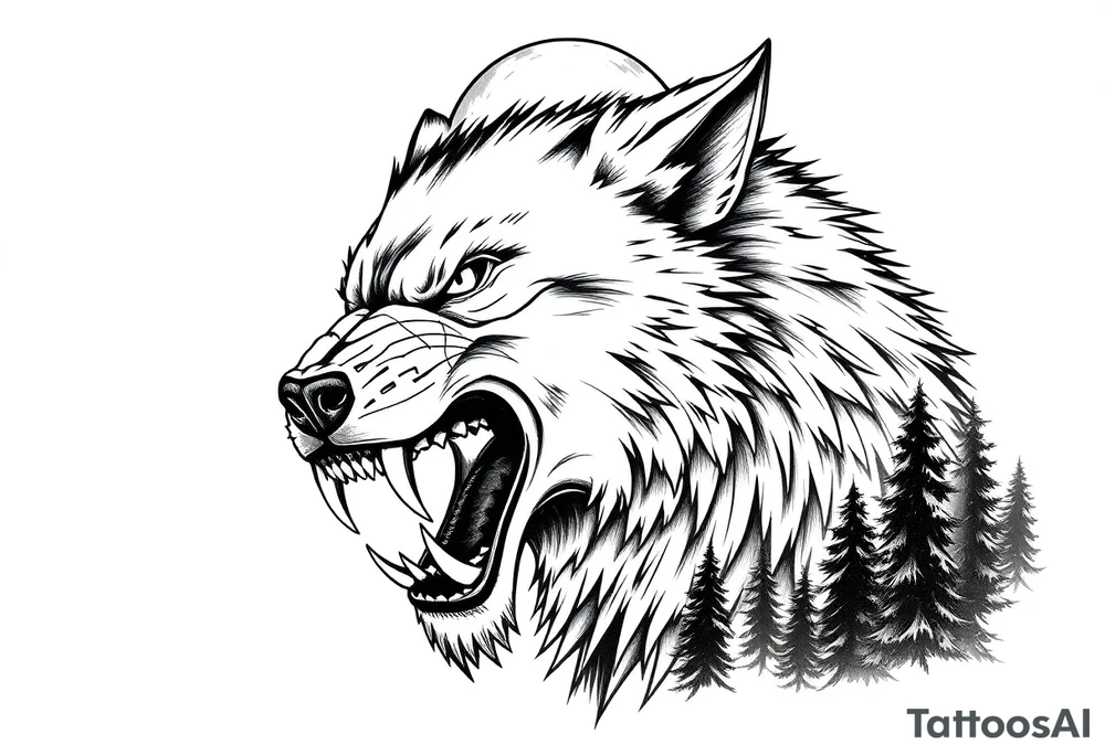 Fierce werewolf snarling, sharp teeth, moon cresting over shoulder,forest. tattoo idea