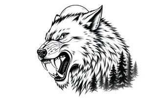 Fierce werewolf snarling, sharp teeth, moon cresting over shoulder,forest. tattoo idea