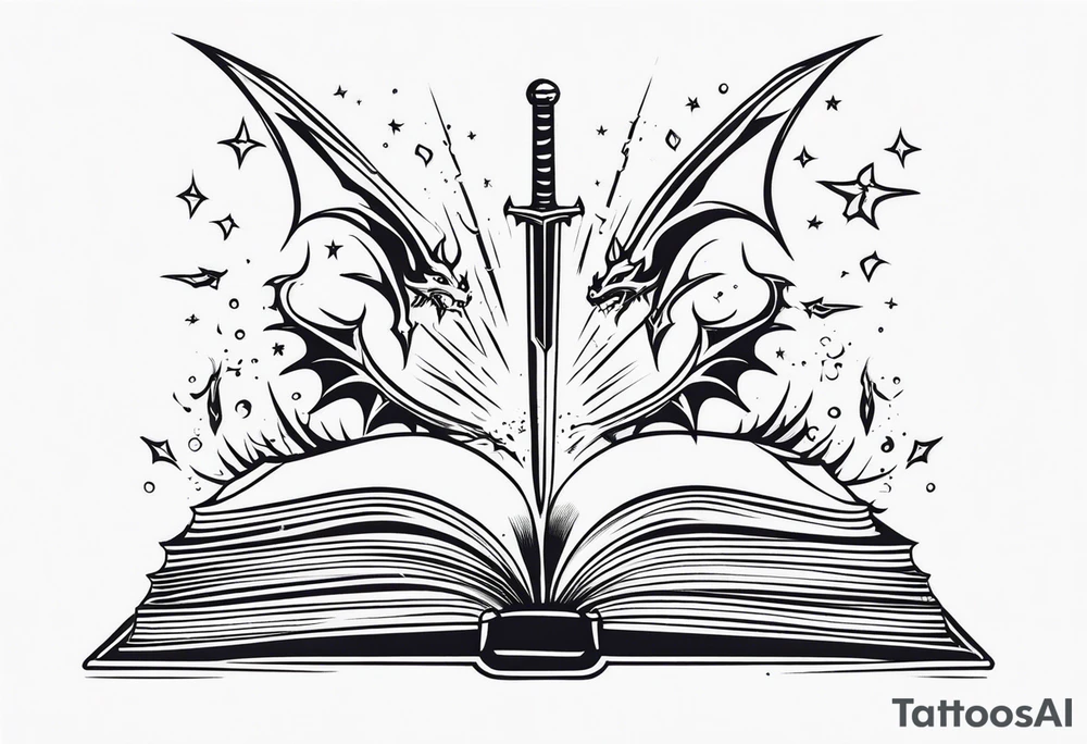 an empty open book with a sword through it, small dragons and sparks surrounding the book. small design tattoo idea