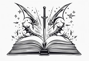 an empty open book with a sword through it, small dragons and sparks surrounding the book. small design tattoo idea