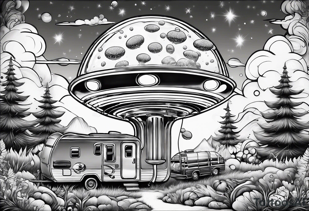 thinner rocketship with a psychedelic mushroom top with fire coming out the bottom bursting out of bubble as the bubble pops with an rv tattoo idea